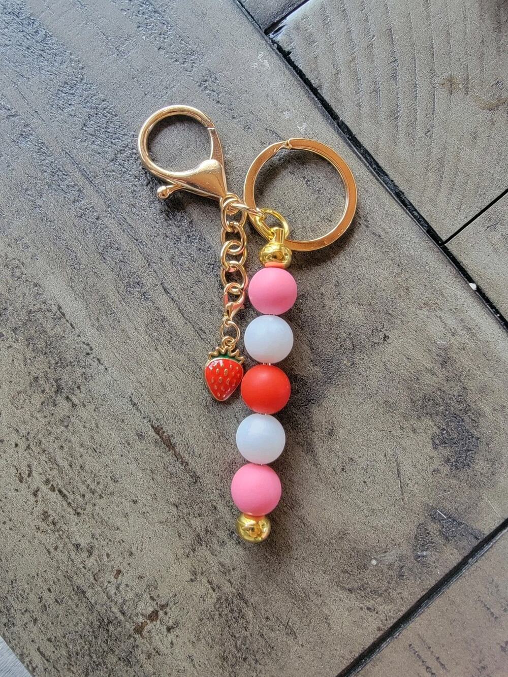 Handmade Strawberry Silicone Beaded Purse Charm Red Pink White Gold Tone Clasp